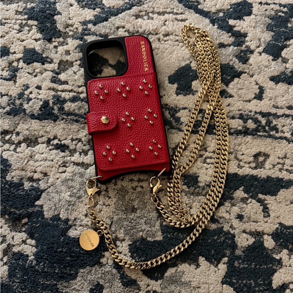 Bandolier Red Leather Crossbody Phone Case with Gold Chain